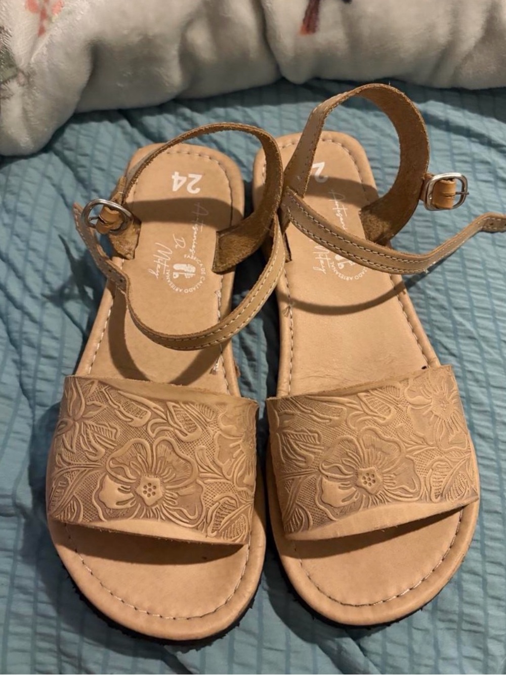 Women's Tan Floral Embossed Ankle-Strap Sandals